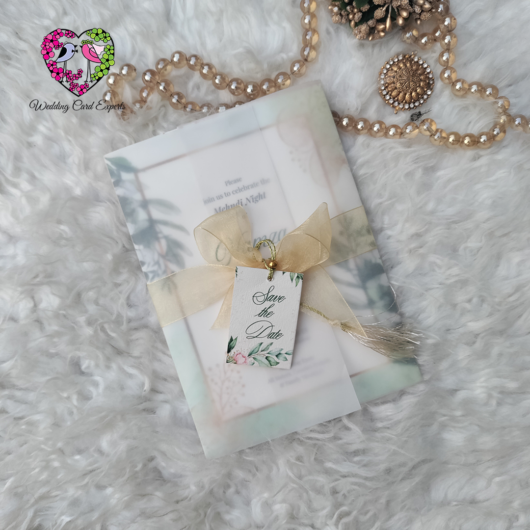 Vellum paper wedding invitation wrap, gold organza bow, tassel, save the date tag, botanical print, Pakistani wedding card set, Wedding Card Experts