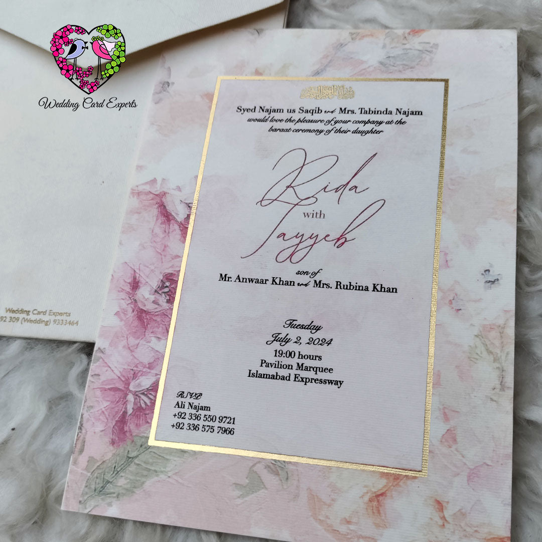 
Floral luxury wedding invitation card, gold foil border, blush pink watercolor design, Wedding Card Experts Pakistan