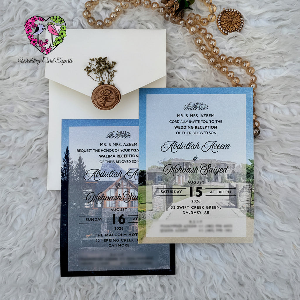 Photo print wedding invitations with envelope, wax seal, and dried flower detail
