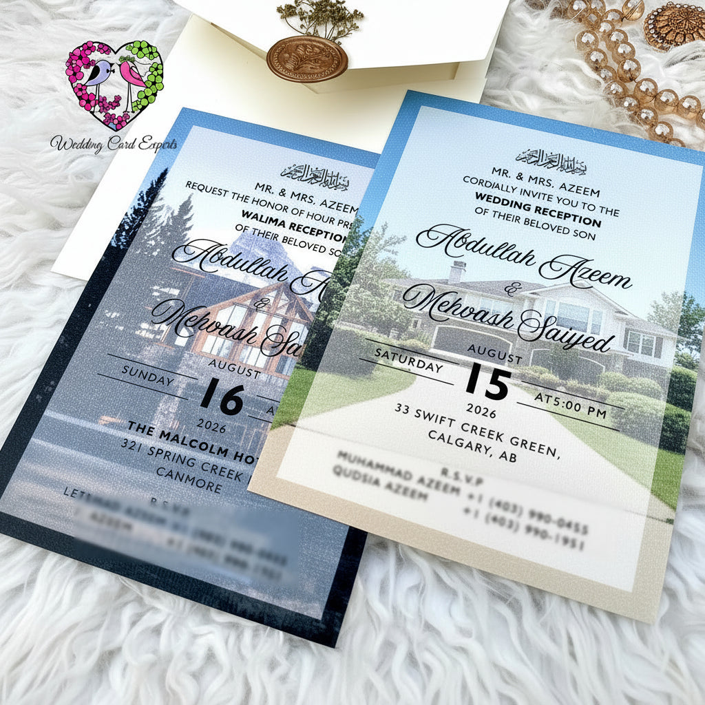 Custom photo print wedding invitation with venue photo background and event details