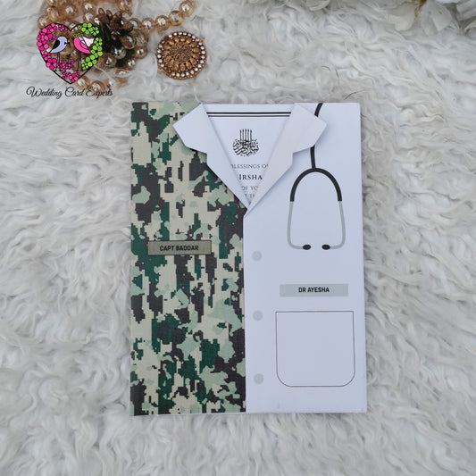 Custom shaped army camouflage and doctor coat themed Pakistani wedding 
invitation cards with classic white insert and personalised name badges