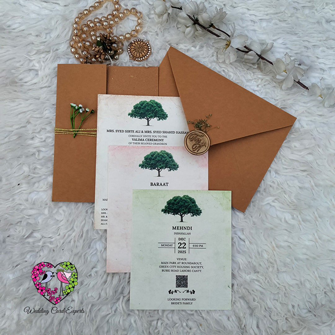 Rustic botanical three-event Pakistani wedding card suite with Mehndi 
Barat and Walima insert cards kraft envelope wax seal and dried flower detail, Pakistani Wedding invitations Online 